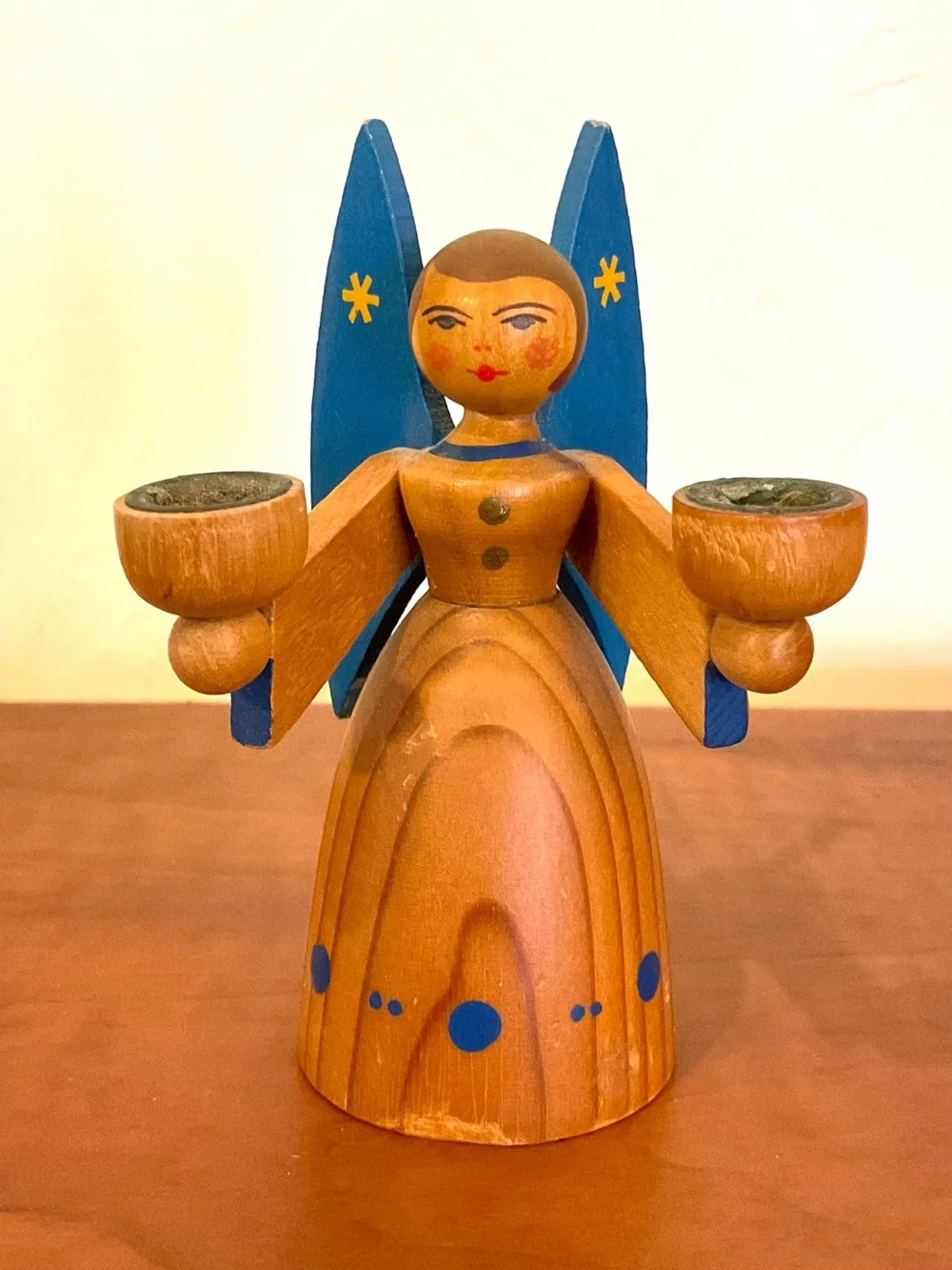Wooden Erzgebirge Expertic Angel Candle Holder Blue Stars on Wings GDR